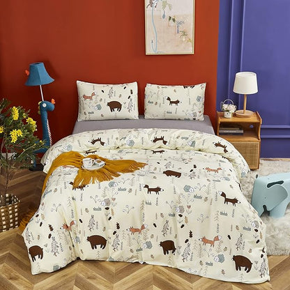 CLOTHKNOW Yellow Twin Comforter Set Kids Bedding Comforter Sets Soft Animal Cartoon Comforter Fox Rabbit Beige Bedding with 2 x Pillow Cases