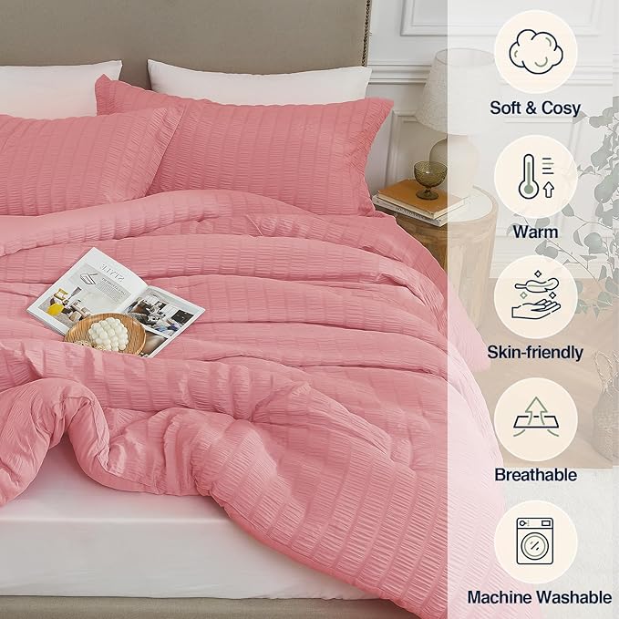 Queen Comforter Set Peach Pink,3PCS Seersucker Lightweight Bedding Comforter for All Season, Queen Size(90''×90'' Comforter & 2 Pillowcases)