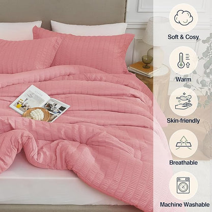 Queen Comforter Set Peach Pink,3PCS Seersucker Lightweight Bedding Comforter for All Season, Queen Size(90''×90'' Comforter & 2 Pillowcases)