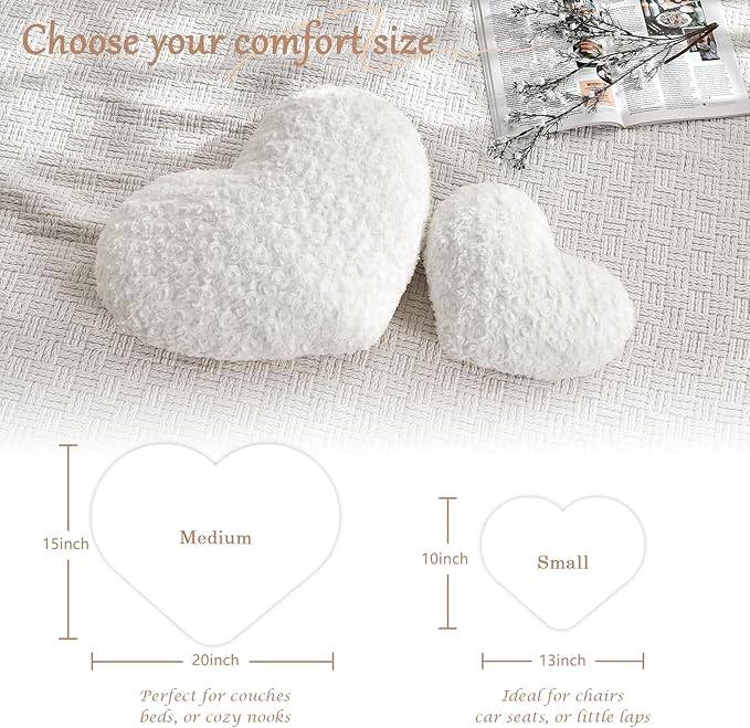 Heart Pillow White Throw Pillows, Soft and Fluffy Decorative Pillows for Bed Couch Chair, Cute Heart Shaped Room Decor for Valentine Anniversary Birthday Halloween Christmas (Small, 13"x10")