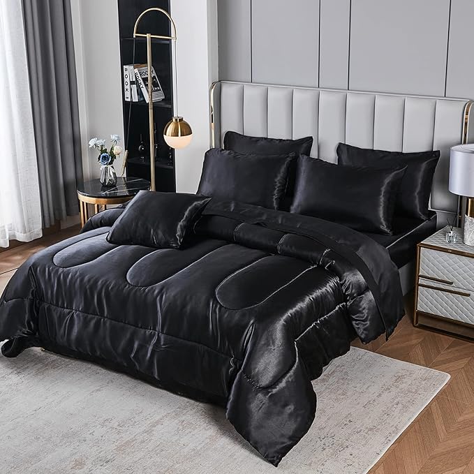 Satin Comforter Set - Black, Silk-Like, Down Alternative, King Size, 1 Comforter + 2 Pillowcases