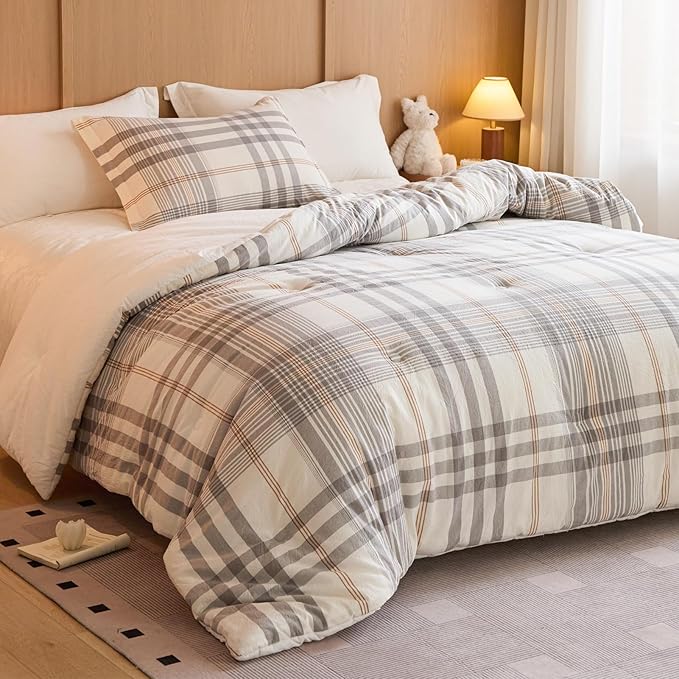 100% Cotton Comforter Set Queen Size – Reversible Yarn-Dyed Checkered Design, Soft Washed Cotton on Both Sides, Lightweight All-Season Bedding, Machine Washable(Grey White Plaid, 90”x90”)