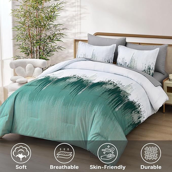 WONGS BEDDING Comforter Set King, Aqua 7 Pieces Bed in a Bag Abstract Art Gradient Comforter Soft Microfiber Bedding Set -1 Comforter, 1 Flat Sheet, 1 Fitted Sheet, 2 Pillow Shams,2 Pillowcases
