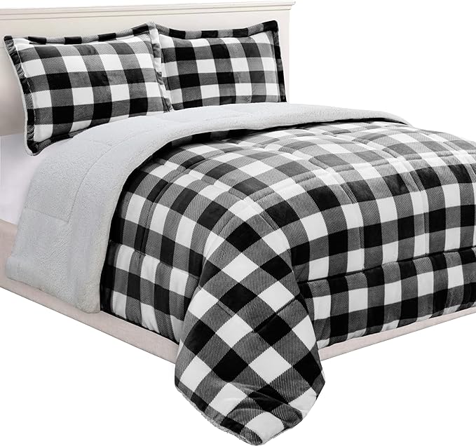 Elegant Comfort 3-Piece Buffalo Lodge-Plaid Comforter Set, Luxurious, Heavyweight, All Season, Down Alternative-Micromink Sherpa-Backing Reversible Micro-Suede, Soft and Plush, Full, Black/White