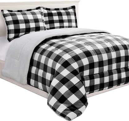 Elegant Comfort 3-Piece Buffalo Lodge-Plaid Comforter Set, Luxurious, Heavyweight, All Season, Down Alternative-Micromink Sherpa-Backing Reversible Micro-Suede, Soft and Plush, Twin XL, Black/White