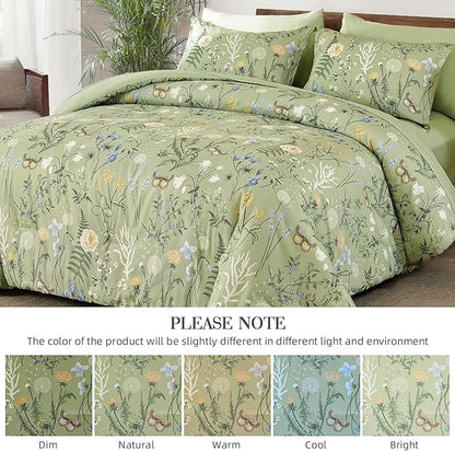 Yiran Sage Green Floral Comforter Set King Size, 7 Piece Botanical Comforter Bedding Set, Farmhouse Bed in a Bag, Soft Microfiber Complete Bedding Set with Sheets for All Season
