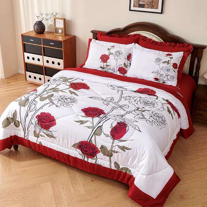 EVENHUG King Size Comforter Set 7 Pieces Red Rose Floral Bedding Sets for All Season Bed in a Bag with Flowers Comforter and Flat Sheet, Fitted Sheet, Pillowcases (104"x90")