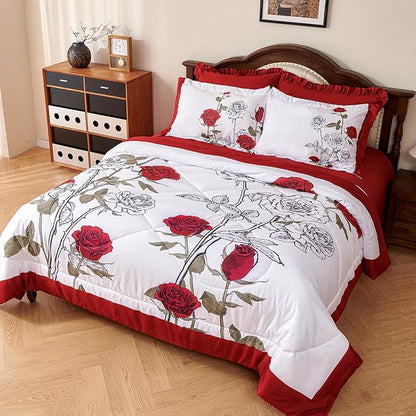 EVENHUG King Size Comforter Set 7 Pieces Red Rose Floral Bedding Sets for All Season Bed in a Bag with Flowers Comforter and Flat Sheet, Fitted Sheet, Pillowcases (104"x90")