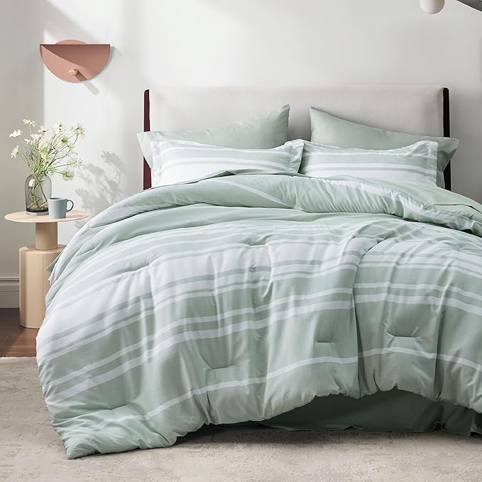 Bedsure King Comforter Set 7 Pieces, Sage Green Striped Bedding Set for All Seasons, Reversible, Cationic Dyeing Bed in a Bag with Comforter, Sheets, Pillowcases & Shams
