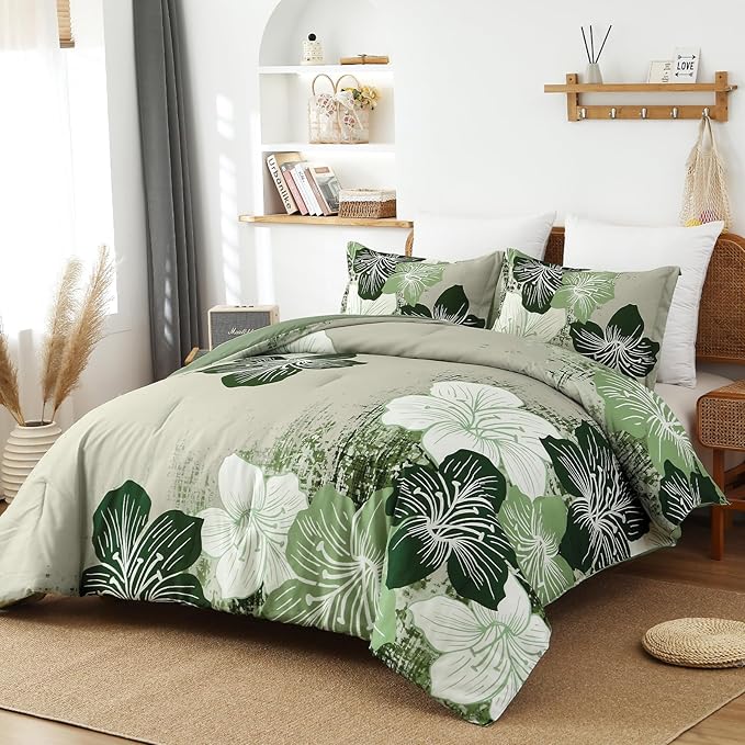 Menghomeus Floral Comforter Set Queen Ombre Green Bedding Lightweight Microfiber Bed Comforter for All Season, 3 Piece Flowers Comforter with 2 Pillowcases