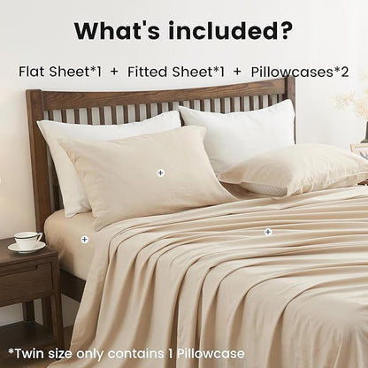 Simple&Opulence Belgian Linen Sheet Set Solid Color - 4 Pieces (1 Flat Sheet, 1 Fitted Sheet & 2 Pillowcases) Natural Flax Cotton Blend Soft Breathable Farmhouse Bedding - Full Size, Linen/Beige