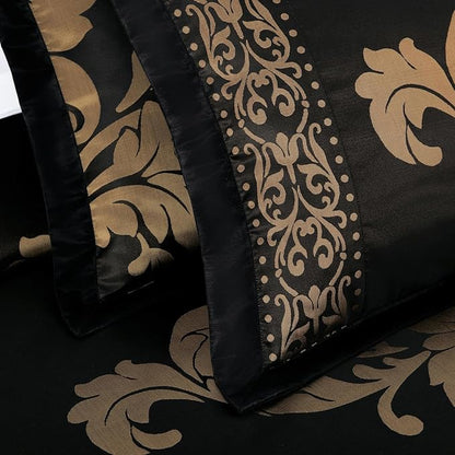 Chezmoi Collection Valor 7-Piece King Bed in a Bag, Black/Gold Luxury Jacquard Floral Comforter with Sheets Set for All Season