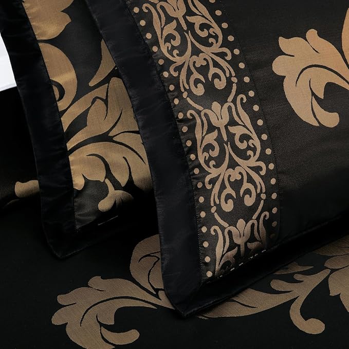 Chezmoi Collection Valor 7-Piece California King Bed in a Bag, Black/Gold Luxury Jacquard Floral Comforter with Sheets Set for All Season