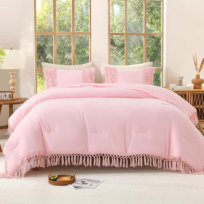 Andency Light Pink Comforter Set California King, 3 Pieces Boho Cal King Tassel Lightweight Soft Bedding Comforter Sets, Oversized Bed Set (104x96In Comforter & 2 Pillowcases)
