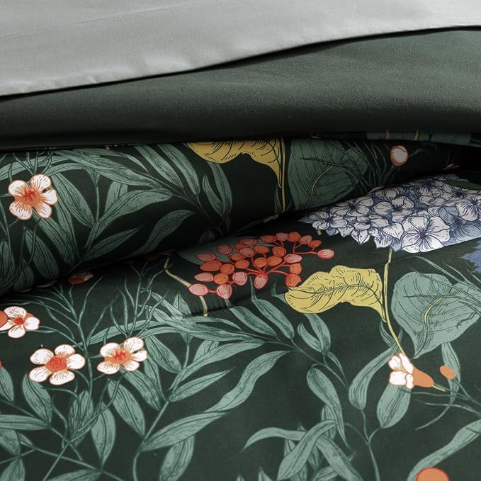WRENSONGE King Size Comforter Set-7 Pieces Green Botanical Floral Bedding, Flowers Printed Design King Bed in a Bag with Botanical Flowers Comforter, Sheets, Pillowcases & Shams