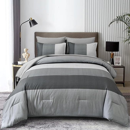 7 Pieces Grey Striped Comforter King Size - Ombre Grey Bed in a Bag Bedding Comforters Set, All Season Microfiber Complete Bedding Set with Flat/Fitted Sheet, Pillowcases and Pillow Shams