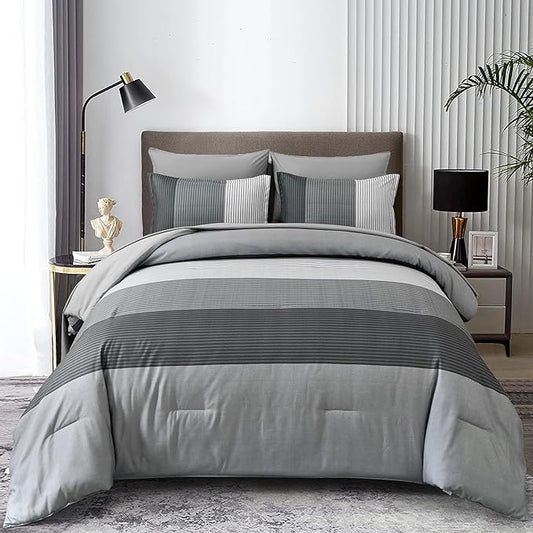 7 Pieces Grey Striped Comforter King Size - Ombre Grey Bed in a Bag Bedding Comforters Set, All Season Microfiber Complete Bedding Set with Flat/Fitted Sheet, Pillowcases and Pillow Shams