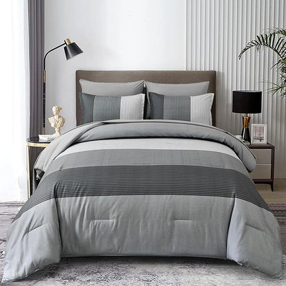Anibedding Grey Queen Comforter Set 7 Pieces, Ombre Striped Bed in a Bag Queen with Sheet Sheet, All Season Boho Patchwork Down Alternative Comforter Bedding Set