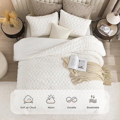 Andency Fluffy Sherpa Full Comforter Set, Super Soft White Fleece Warm Bedding for Winter, Luxury Jacquard Boho Thick Fuzzy Plush Bed Set 3 Pieces(1 Shaggy Comforter, 2 Pillowcases)