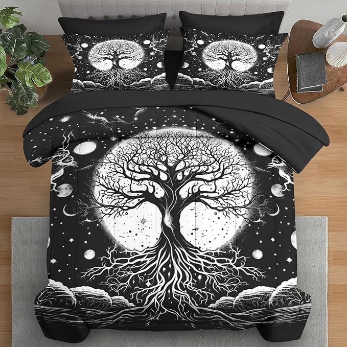 Comforter Set Twin Size, Tree of Life Dark Magic 5 Pcs Bedding for Kids and Adults, Sun Moon Bed Sheet Sets with Fitted Sheet Pillowcase & Sham for Bedroom Bed Decor