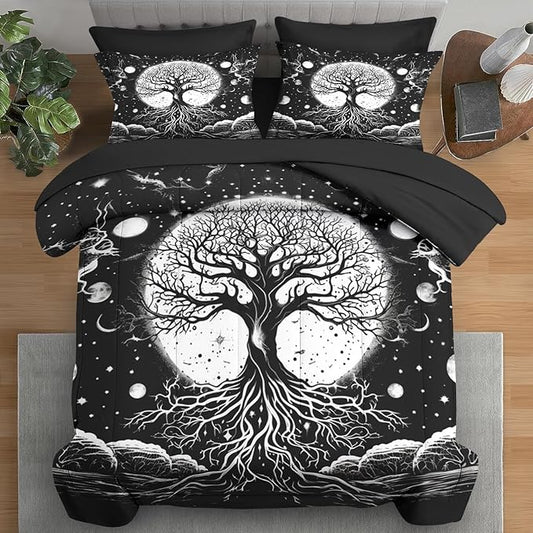 Comforter Set Twin Size, Tree of Life Dark Magic 5 Pcs Bedding for Kids and Adults, Sun Moon Bed Sheet Sets with Fitted Sheet Pillowcase & Sham for Bedroom Bed Decor