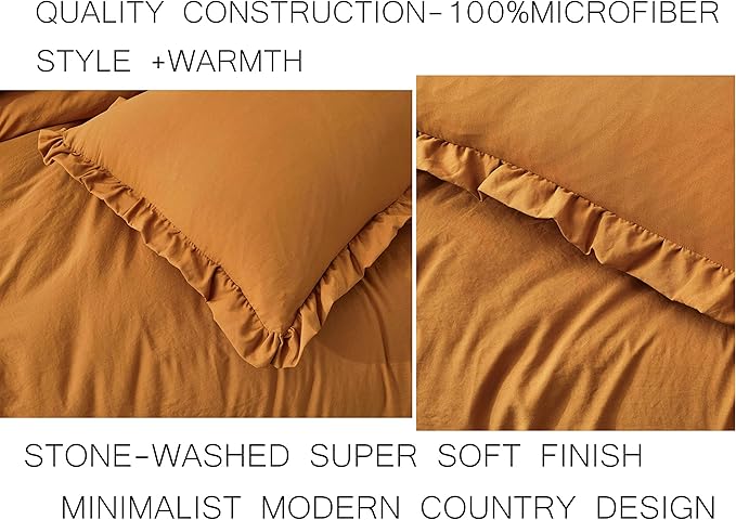 Chezmoi Collection Nora Spice Orange Comforter Set Twin Size 2-Piece Lightweight Soft Stone-Washed Ruffled Shabby Chic Bedding for All Season