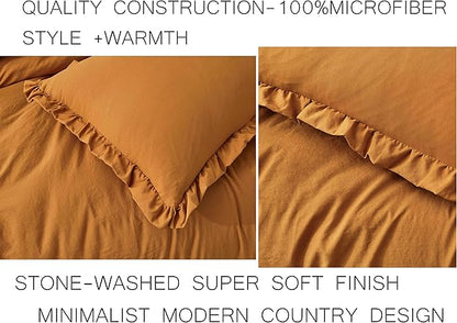 Chezmoi Collection Nora Spice Orange Comforter Set King Size 3-Piece Fluffy Soft Stone-Washed Ruffled Shabby Chic Bedding for All Season