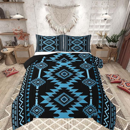 Feelyou Blue Black Southwestern Comforter Set Tribal Native American Indian Bedding Set King Size Farmhouse Western Room Decor Duvet Quilt