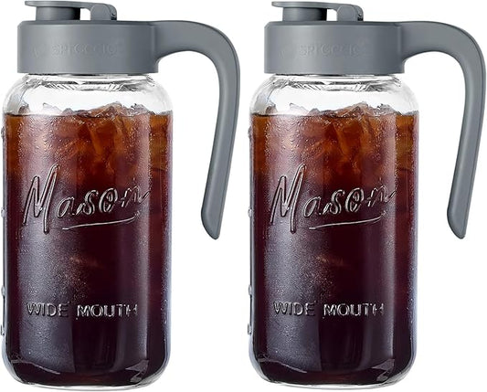 Mason Jar Pitcher - Airtight & Leakproof Glass Pitcher with Lid[set of 2], Perfect for Breastmilk, Cold Brew, and Sun Tea, 2 Quart (64 oz) Mason Jar with Pour Spout Lid