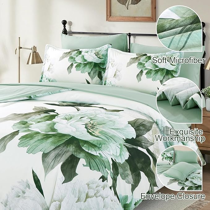 Dobuyly Green Comforter Set King Size 7 Piece Bed in a Bag King, Sage Green Floral Printed Comforter Set with Sheets, Soft Microfiber Botanical Flower Complete Bedding Set for All Season