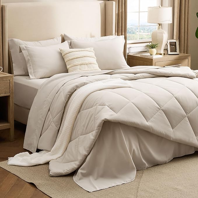 Bedsure 5 Pieces Twin Comforter Set Premium Series, Hotel Luxury Soft Bed in a Bag, Goose Down Alternative, Safe for Sensitive Skin Bedding Comforter All Season Medium Warmth, Beige Twin Size