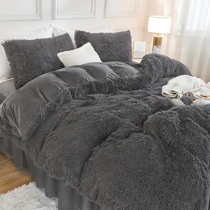 Andency Dark Grey Queen Comforter Set, 3 Pieces Fluffy Faux Fur Warm Soft Fuzzy Plush Gray Bedding Comforter Set, Thick Heavy Puffy Comfy Bedding Sets
