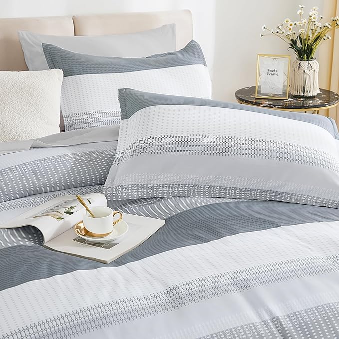 Andency Full Size Comforter Set 7 Pieces - Light Grey Striped Lightweight Bed in a Bag, Soft Microfiber Farmhouse All Season Bedding Set with Comforter, Fitted & Flat Sheet, Pillowcases & Shams