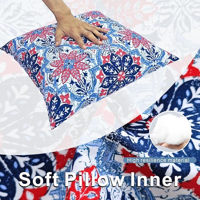 JMGBird Water-Resistant Outdoor Pillows Set of 2, 18x18 inch Durable White with Red Mandala Flower Throw Pillows with Inserts for Patio Furniture
