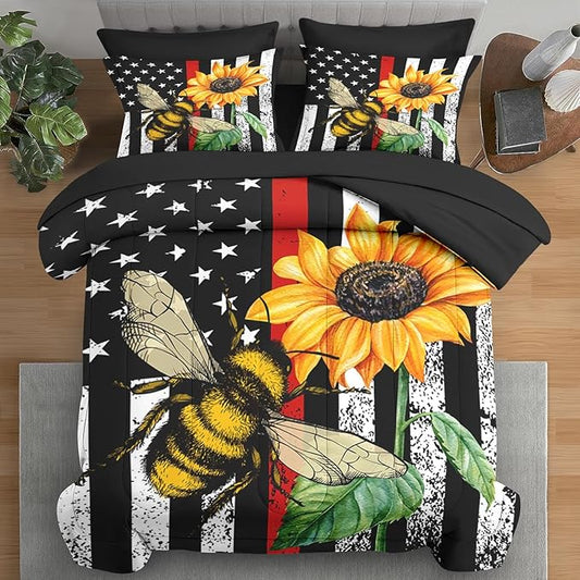 Comforter Set Queen Size, Honey Bee Vintage 7 Pcs Bedding for Kids and Adults, Sunflower Flower Sun Bed Sheet Sets with Fitted Sheet 2 Pillowcases & 2 Shams for Bedroom Bed Decor