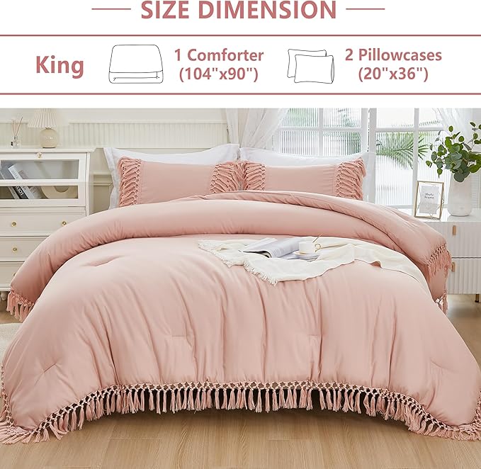 Andency Pink Comforter Set King, 3 Pieces Boho Tassel Lightweight Soft Bedding Comforter Sets for King Bed, All Season Fluffy Fringe Bed Set (104x90In Comforter & 2 Pillowcases)