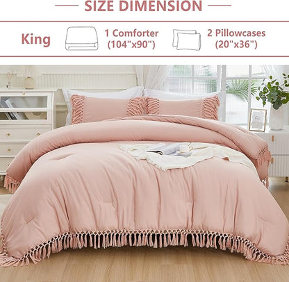 Andency Pink Comforter Set King, 3 Pieces Boho Tassel Lightweight Soft Bedding Comforter Sets for King Bed, All Season Fluffy Fringe Bed Set (104x90In Comforter & 2 Pillowcases)