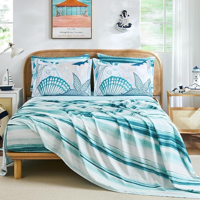WONGS BEDDING Coastal King Size Comforter,7 Pieces Beach Nautical Themed Bed in a Bag Bedding Set,Ocean Coral Seashell Pattern Soft Warm Comforters for All Season, 104"x90"