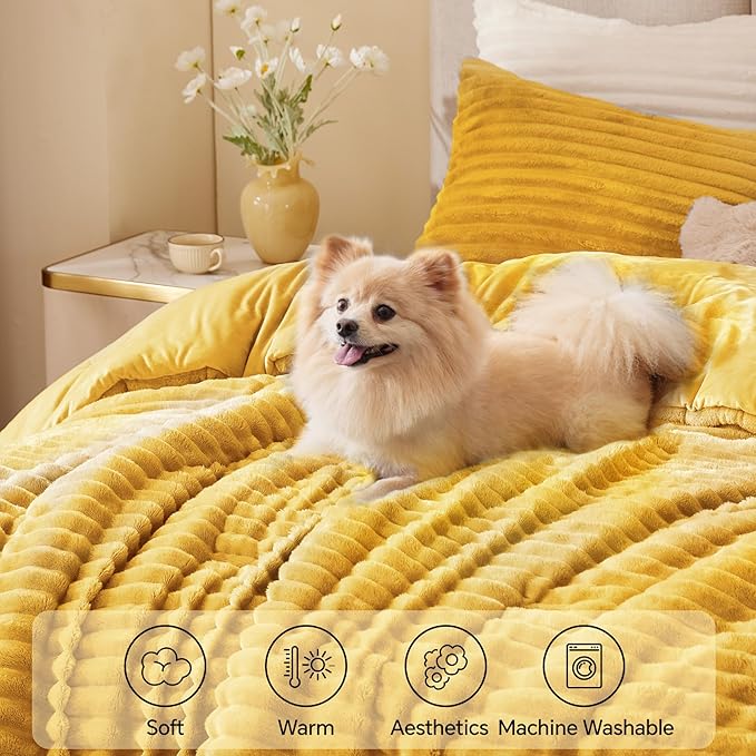 BEDELITE Fleece California King Comforter Set -Super Soft & Warm Fluffy Mustard Yellow Bedding, Luxury Fuzzy Heavy Bed Set for Winter with 2 Pillow Cases