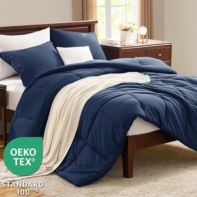 CozyLux Queen Size Comforter Set - Navy Blue Comforter Queen Size, 3 Pieces Box Stitched Bed Set for All Seasons, Soft Lightweight Bedding Sets with 1 Down Alternative Comforter and 2 Pillow Shams
