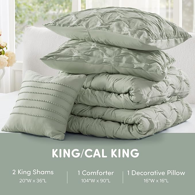 Comfort Spaces Comforter for King Size Bed, Ogee Ruched with Crinkle Texture, Breathable Comforter Set King, All Season Lightweight Bedding Set, Shams, Décor Pilow, King/Cal King Green 4 Piece