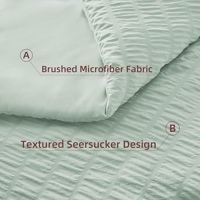 FUANNA Queen Comforter Set 7 Pieces, Luxury Seersucker Bed in a Bag Queen Size for All Seasons, Soft Bedding Set with Comforter, Flat Sheet, Fitted Sheet, Pillowcases & Shams for Bedroom, Sage Green