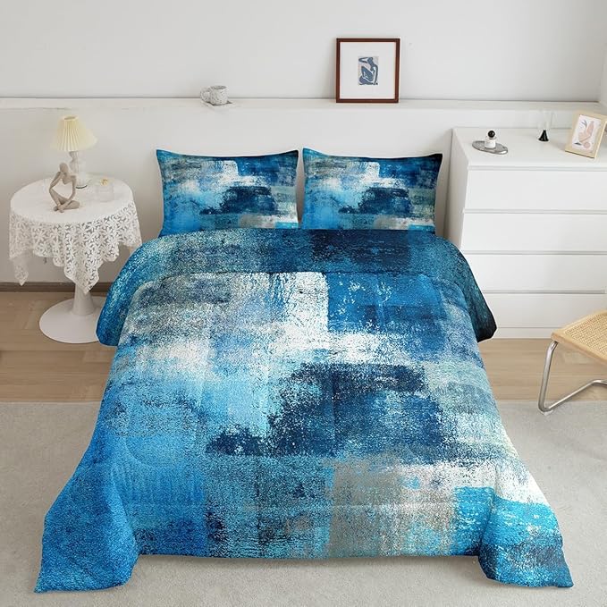 Erosebridal Turquoise and Grey Comforter Set Full,Retro Teal Ombre Bedding Set for Adult,Watercolor Artwork Bedding Comforter Sets Bedroom Decor,Contemporary Duvet Insert with 2 Pillowcases