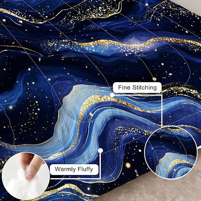 Luxury Navy Blue Gold Comforter Set Queen Size for Kids Women Men Royal Blue Gold Marble Bedding Set Abstract Goled Lines Bed Set Blue Galaxy Agate Quilt Set with 1 Comforter + 2 Pillowcases