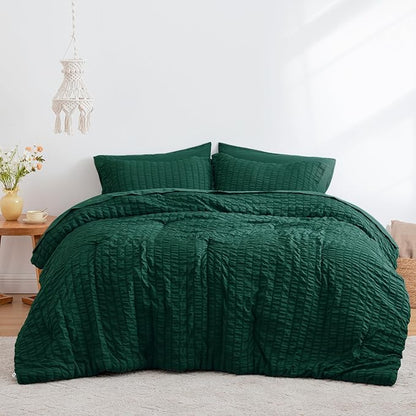 Love's cabin Seersucker Dark Green Full Comforter Set, 7-Piece All Season Lightweight Bed in a Bag Bedding Set with Comforter, Flat Sheet, Fitted Sheet, Pillowcases and Shams | Soft, Breathable, Lightweight