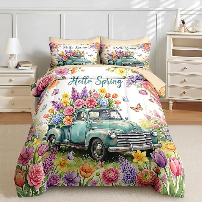 Nesker 5 Pcs Spring Comforter Set Twin Size, Truck Flowers Butterfly Farmhouse Roses Bedding Set for Kids and Adults, Truck Bed Sheet Sets with Fitted Sheet Pillowcase & Sham
