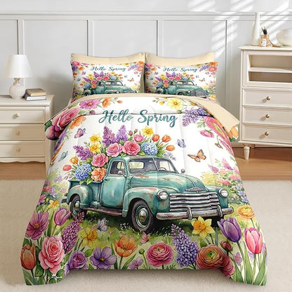 Nesker 5 Pcs Spring Comforter Set Twin Size, Truck Flowers Butterfly Farmhouse Roses Bedding Set for Kids and Adults, Truck Bed Sheet Sets with Fitted Sheet Pillowcase & Sham