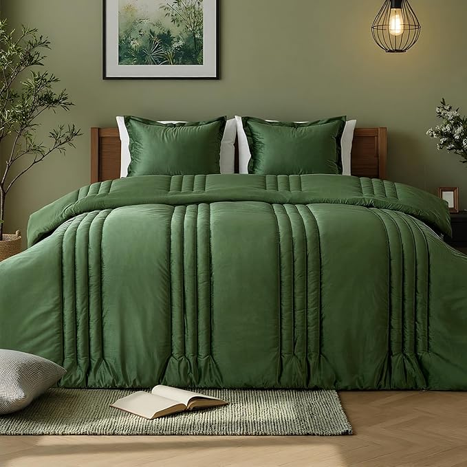MUSSEL Olive Green Queen Comforter Set 3 Pieces,Luxury Lightweight Fluffy All Season Cozy Velvet Bedding Comforter Sets,Neutral Striped Bedroom Comforter with 2 Shams