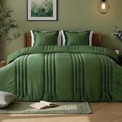 MUSSEL Olive Green Queen Comforter Set 3 Pieces,Luxury Lightweight Fluffy All Season Cozy Velvet Bedding Comforter Sets,Neutral Striped Bedroom Comforter with 2 Shams