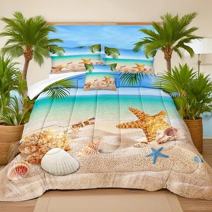 MOVE OVER 4 Pieces King Size Ocean Beach Bedding Set Coastal Bedding Set Starfish and Shells Pattern Ocean Comforter Set for Boys Girls and Teens Tropical Palm Tree Printed Beachy Comforter Set